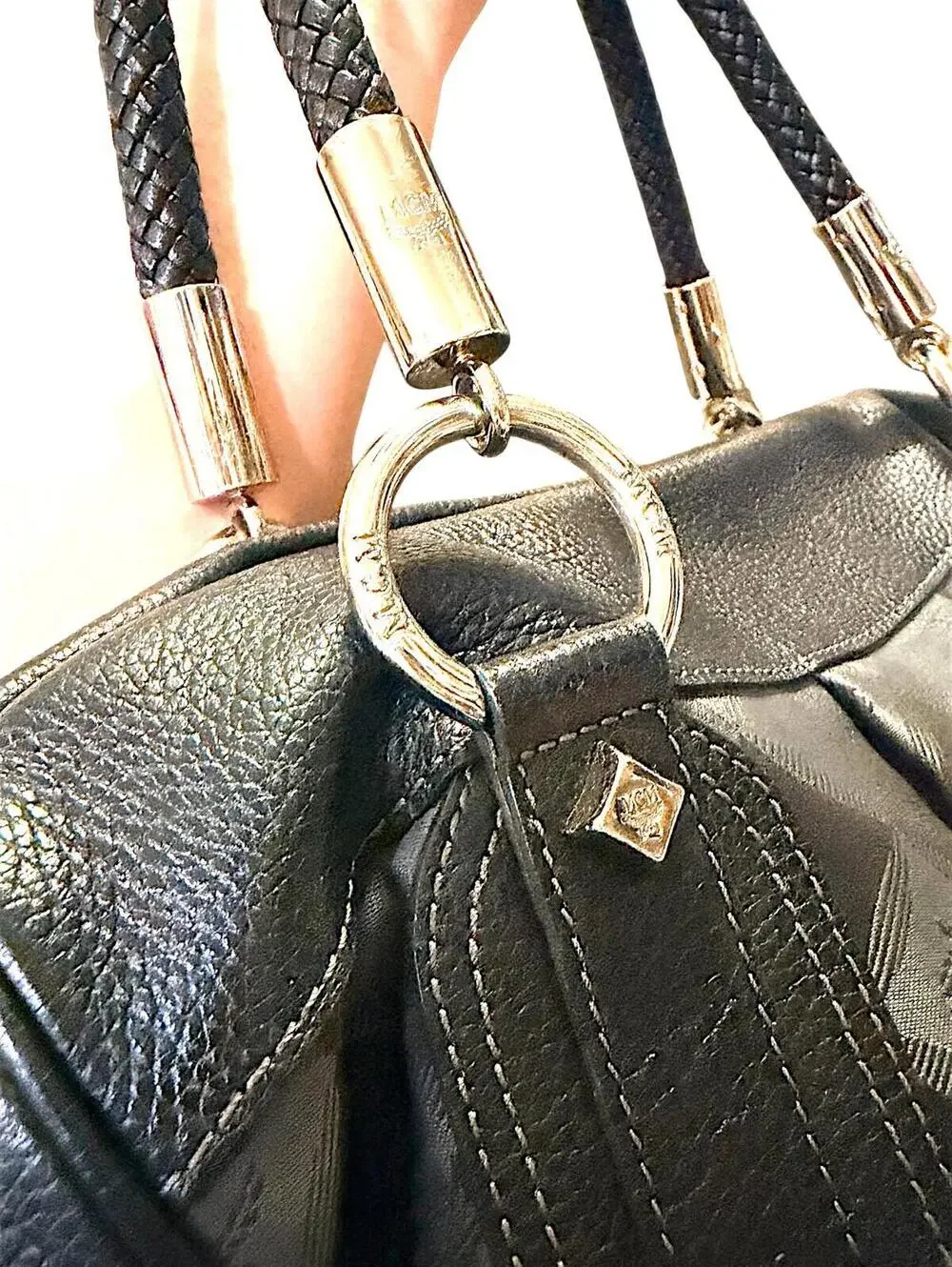MCM Black Leather and Logo Patterned Handbag